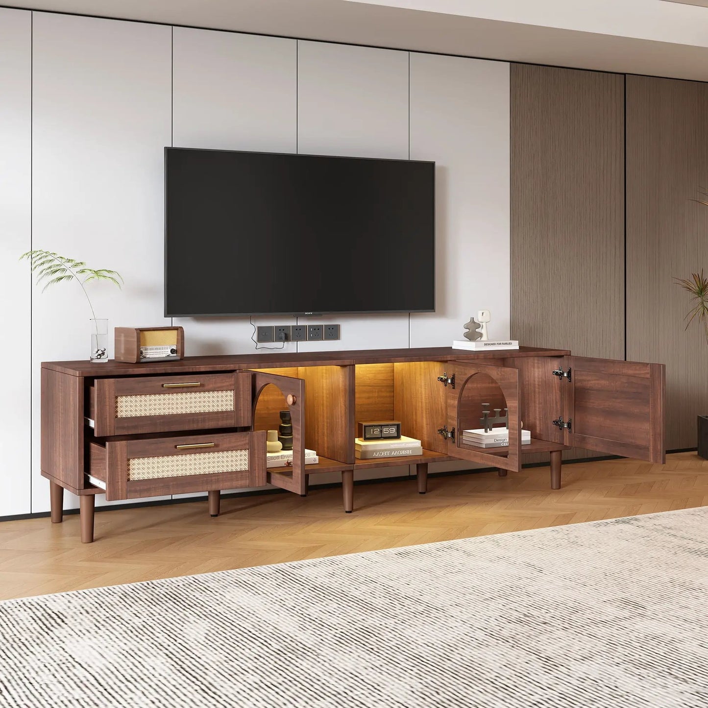 TV Stand With 3 Cabinets and 2 Drawers LED Light