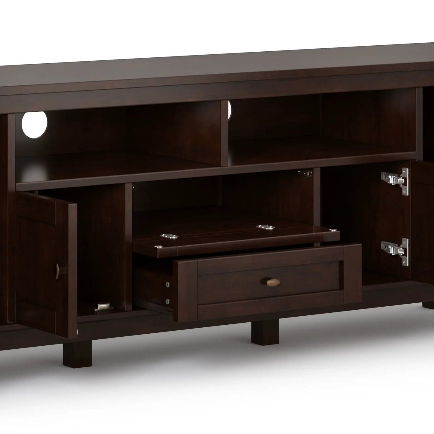 Warm Shaker TV media stand handcrafted in dark wood with open shelving and cable holes on Tampa Home & Garden Store