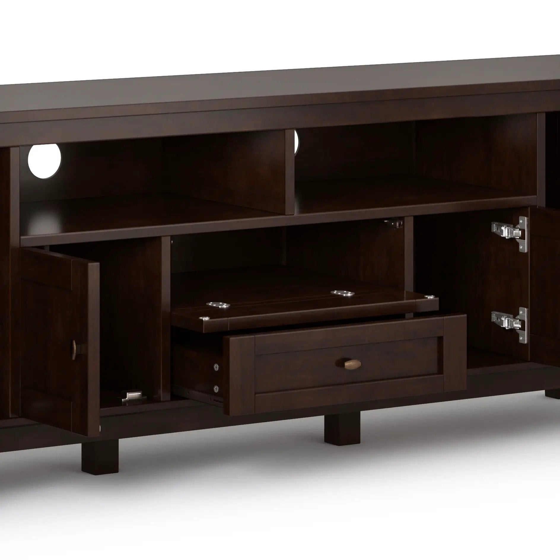 Warm Shaker TV media stand handcrafted in dark wood with open shelving and cable holes on Tampa Home & Garden Store