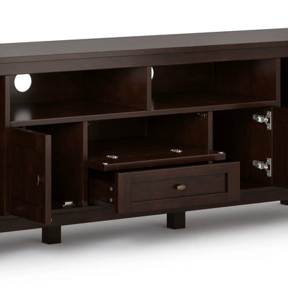 Warm Shaker TV media stand handcrafted in dark wood with open shelving and cable holes on Tampa Home & Garden Store