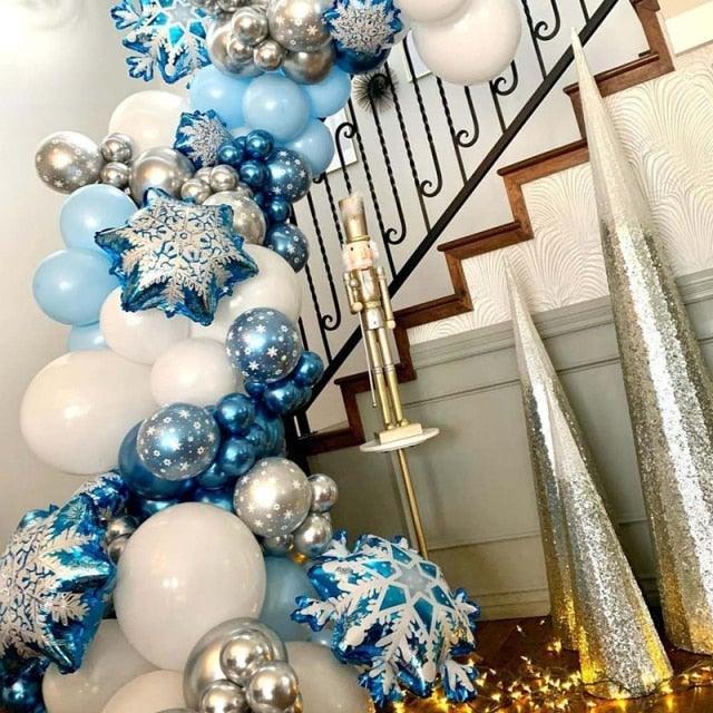 Snowflake balloon garland set by Stevvex in blue white silver, 104pcs on Tampa Home & Garden Store