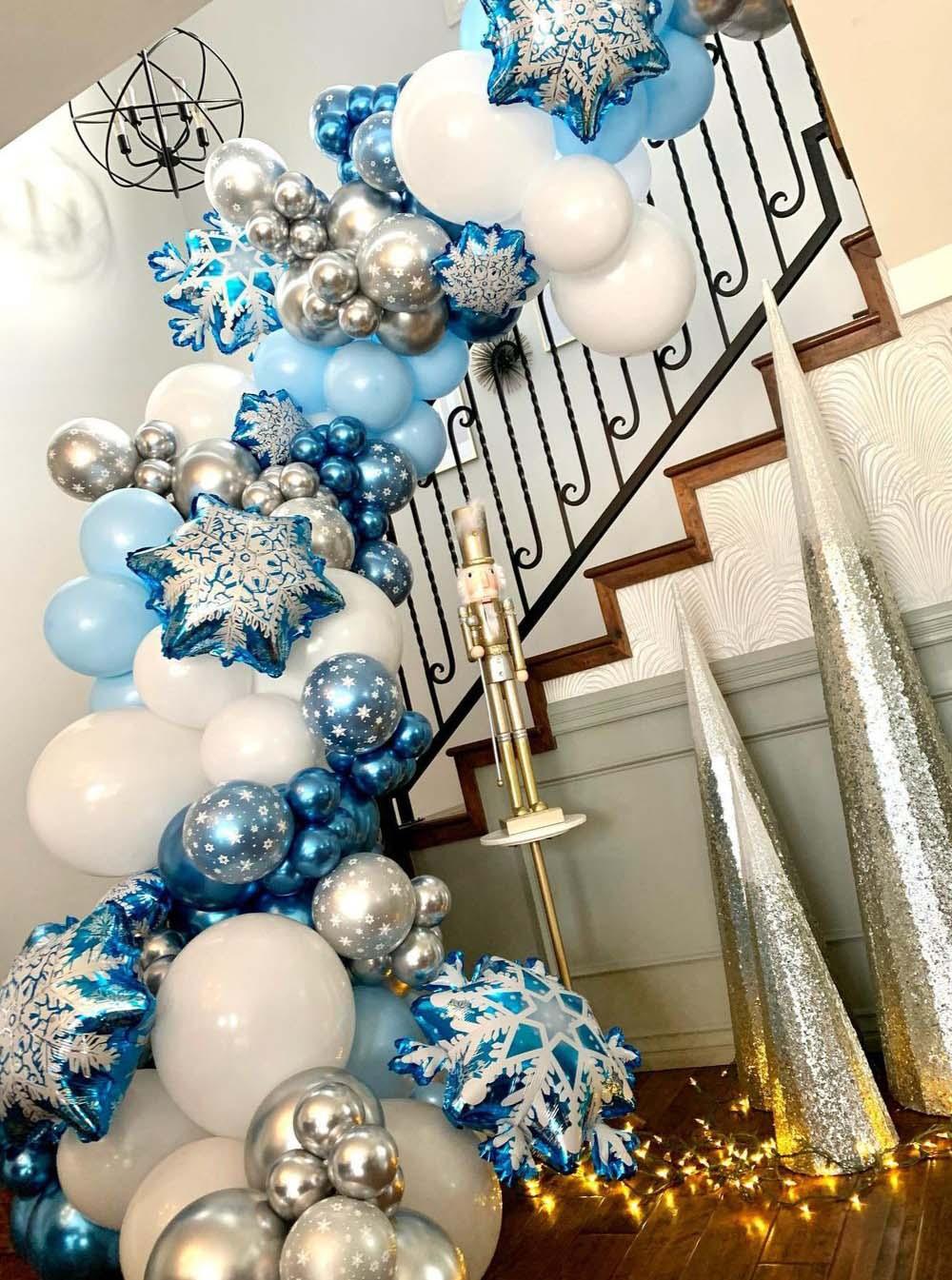 Snowflake blue metallic balloon garland, 104pcs Stevvex balloons with snowflakes on staircase on Tampa Home & Garden Store