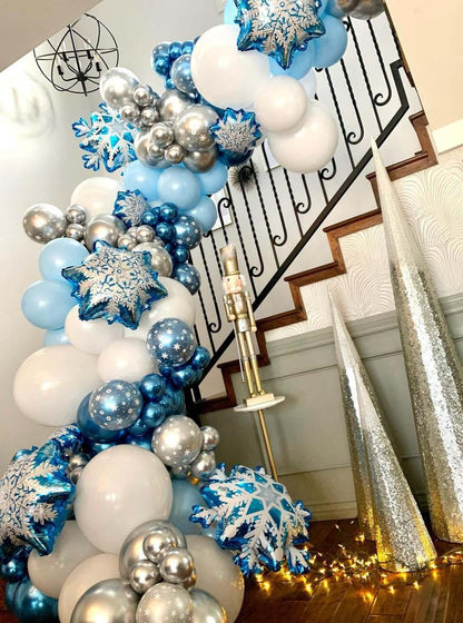 Snowflake blue metallic balloon garland, 104pcs Stevvex balloons with snowflakes on staircase on Tampa Home & Garden Store