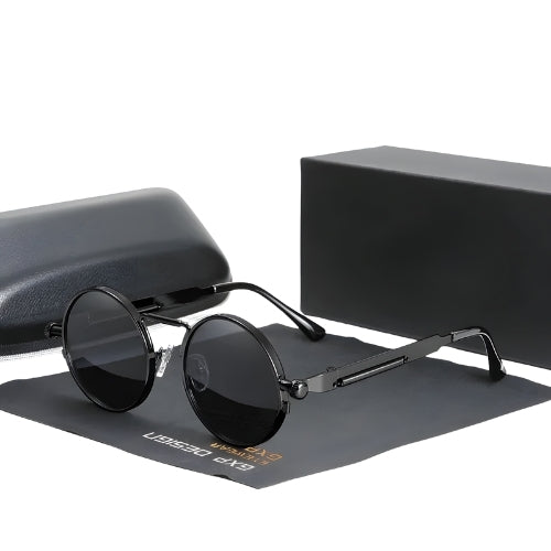 Steam Punk Polarized Sunglasses black round metal frame dark lenses BikerZoneZ with case on Tampa Home & Garden Store