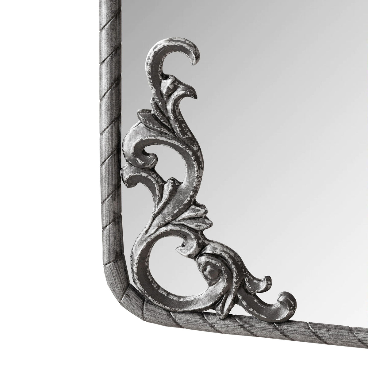 Full Body Arched Mirror with carved applique in distressed bronze/silver finish on Tampa Home & Garden Store