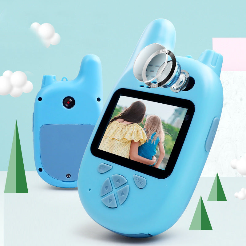 Walkie-talkie kids camera toy in blue with mini HD display showing two girls, front controls on Tampa Home & Garden Store