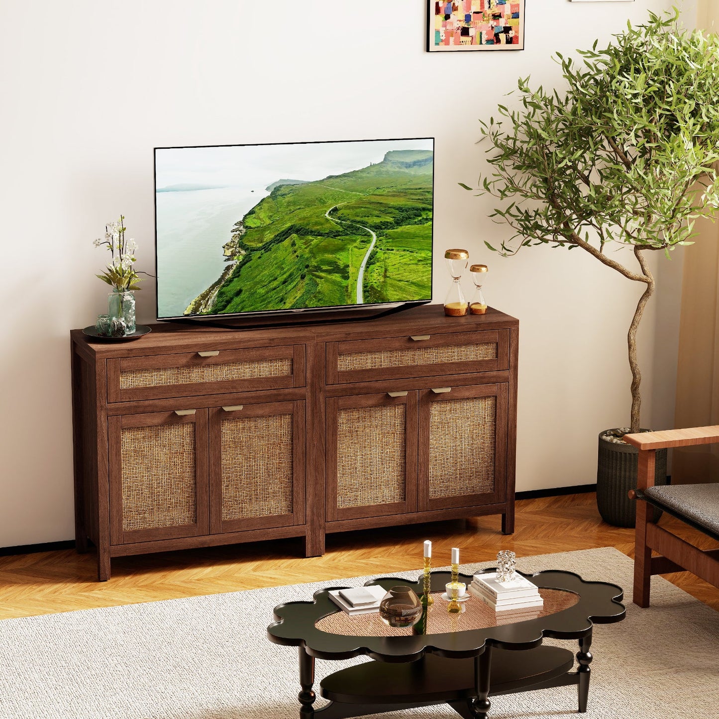 Sideboard Storage Cabinet with Rattan Doors and Drawer-Brown