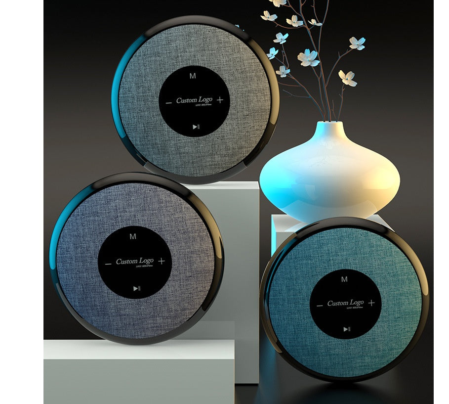 Waterproof Bluetooth speaker trio with fabric-textured circular grills and blue trim by My Store on Tampa Home & Garden Store