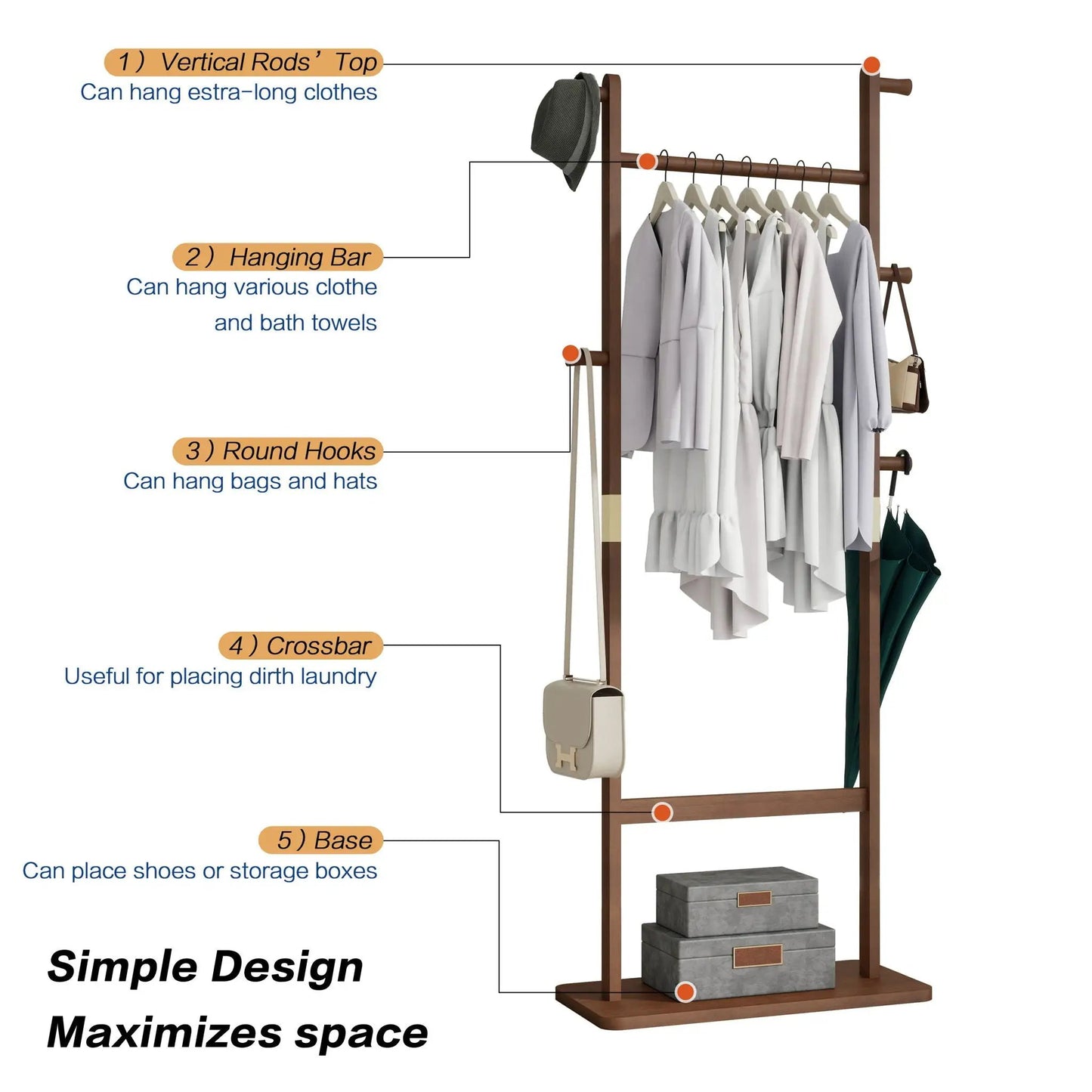 Solid Rubber Wood Hat Rack for Entryways
