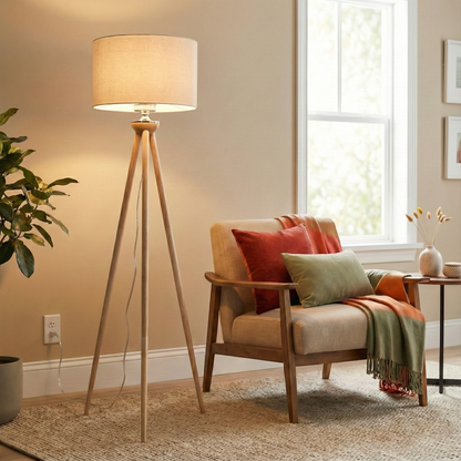 Tall Corner Floor Lamp with beige fabric shade and natural wooden tripod legs HouseOfZazla on Tampa Home & Garden Store