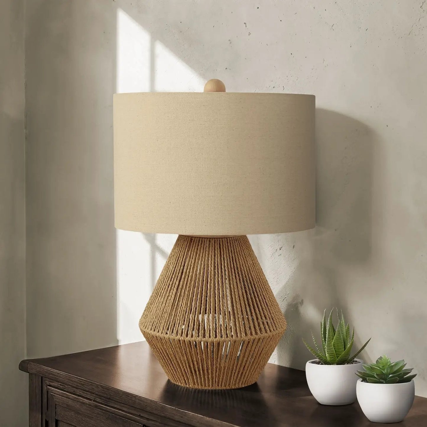 Table lamp rope-wrapped resin base in brown with a beige fabric shade, Unique Piece Furniture on Tampa Home & Garden Store