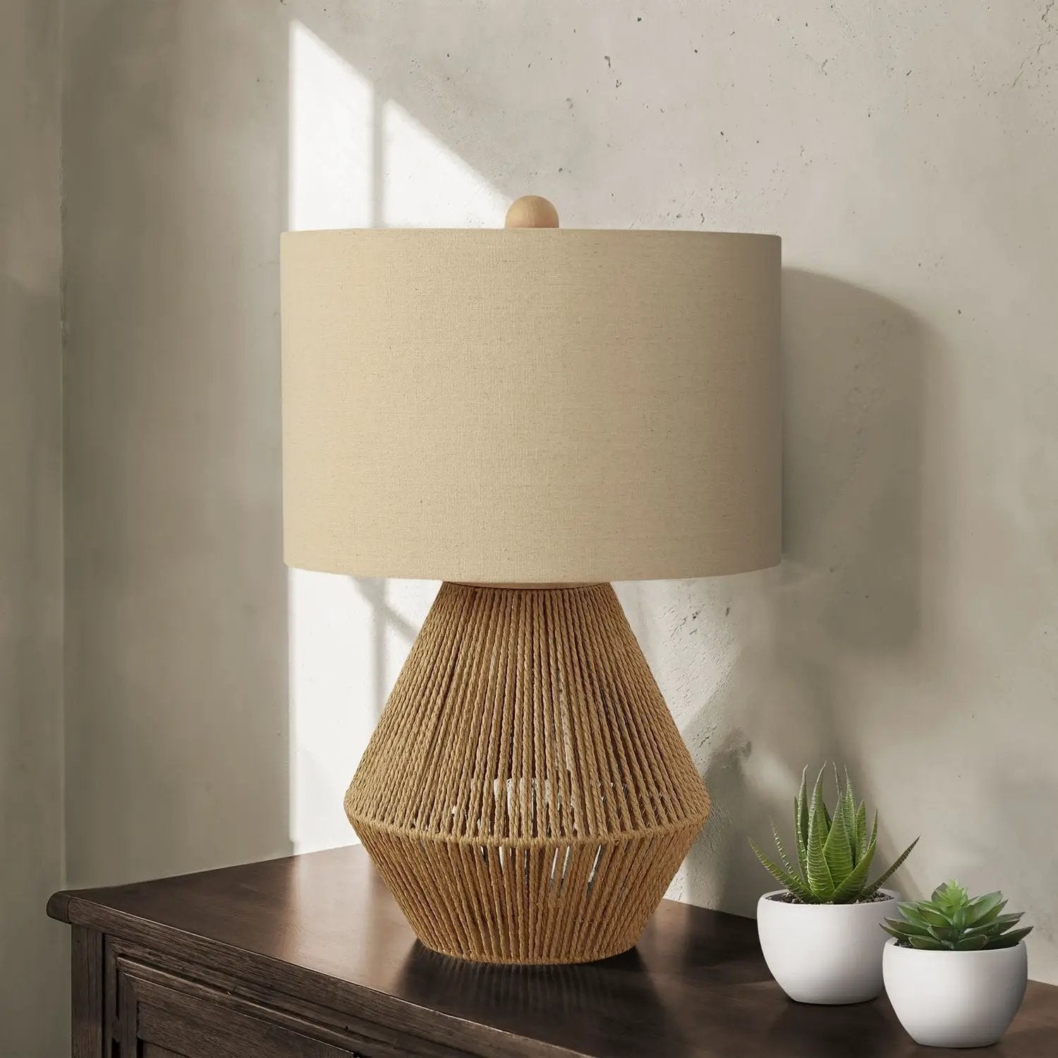 Table lamp rope-wrapped resin base in brown with a beige fabric shade, Unique Piece Furniture on Tampa Home & Garden Store
