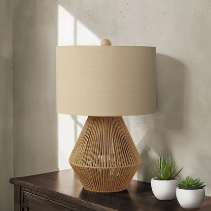 Table lamp rope-wrapped resin base in brown with a beige fabric shade, Unique Piece Furniture on Tampa Home & Garden Store