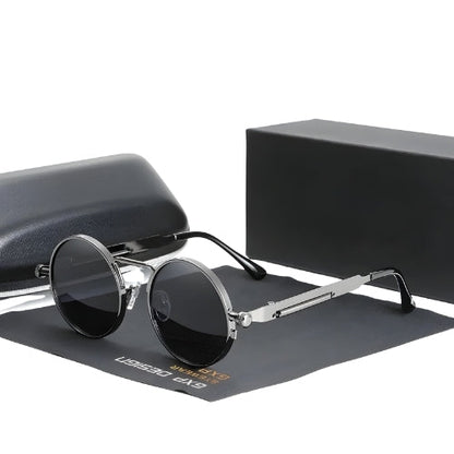 Steam Punk Polarized Sunglasses by BikerZoneZ; round silver metal frame, black lenses on Tampa Home & Garden Store