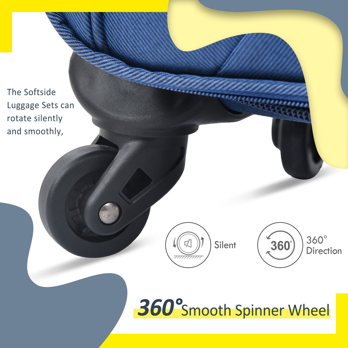 Softside luggage closeup with blue fabric and black 360° spinner wheel on Tampa Home & Garden Store