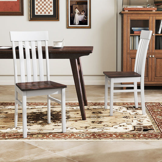 Set of 2 Kitchen Armless Dining Chairs with Slatted High Backrests-White