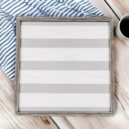 Wooden Charger Tray With Gray and White Stripe