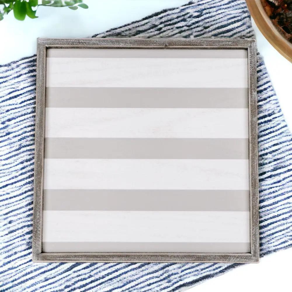 Wooden Charger Tray With Gray and White Stripe