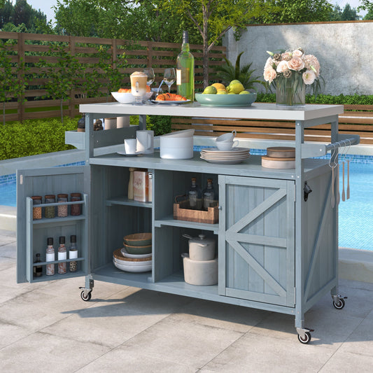 K&K Outdoor Kitchen Island Cart gray-blue wood rolling bar cart with storage on Tampa Home & Garden Store