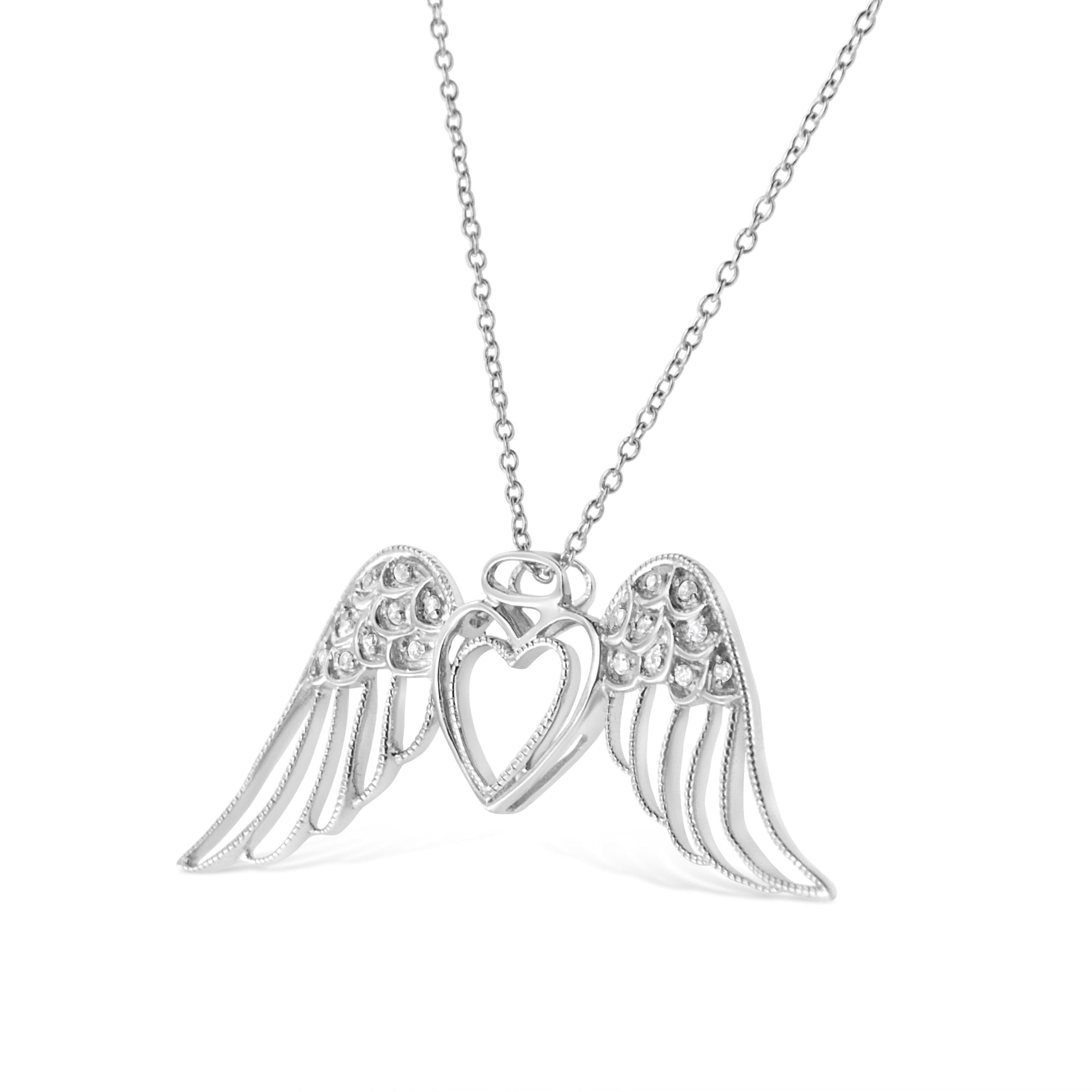 Sterling silver pave angel wing pendant necklace with double heart, 18in chain by Bids.com on Tampa Home & Garden Store