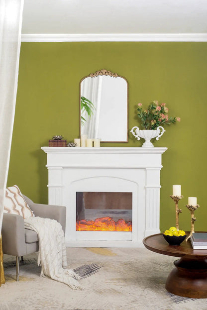 Arch Mirror with ornate gold frame by Unique Piece Furniture on olive wall above mantel on Tampa Home & Garden Store
