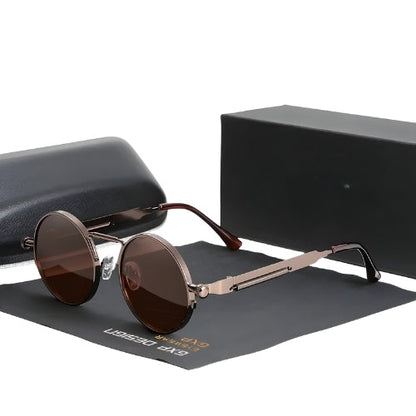 BikerZoneZ Steam Punk Polarized Sunglasses, round rose-gold metal frame, brown lenses on Tampa Home & Garden Store