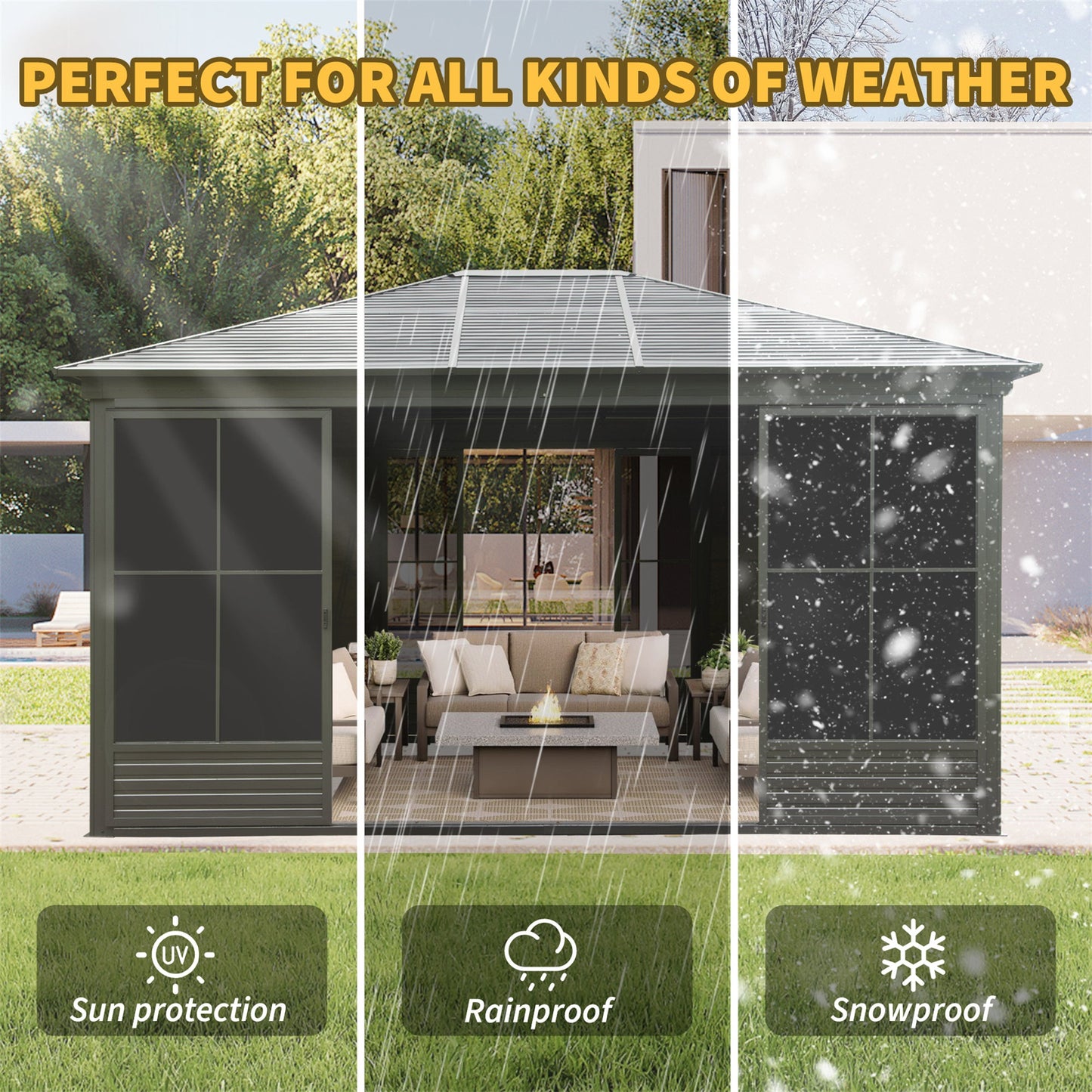 12x14FT Outdoor Sunroom Gazebo by HouseOfZazla, charcoal-gray gazebo with doors and cozy seating on Tampa Home & Garden Store