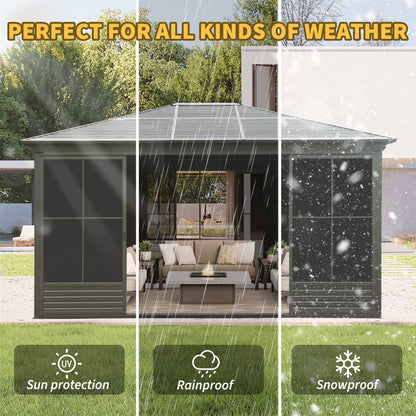 12x14FT Outdoor Sunroom Gazebo by HouseOfZazla, charcoal-gray gazebo with doors and cozy seating on Tampa Home & Garden Store