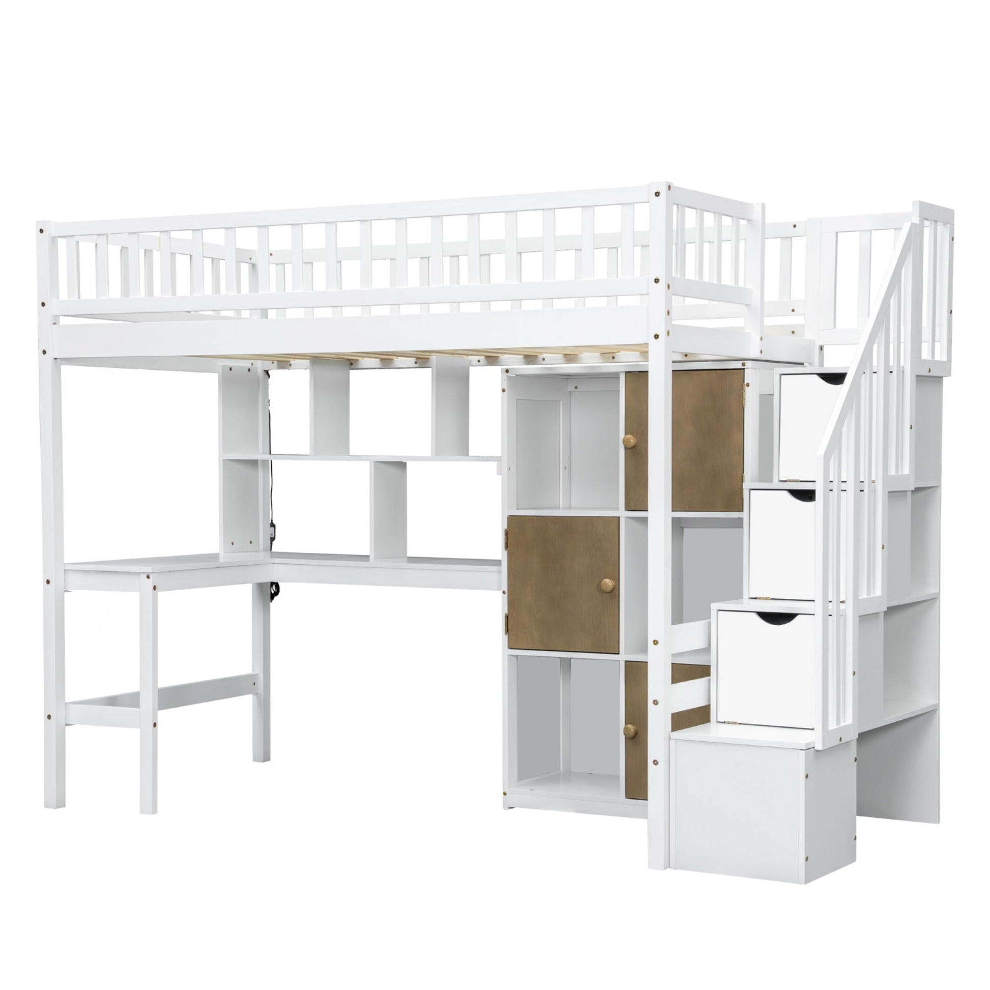 White loft bed with built-in L-shaped desk and staircase, storage shelves by HouseOfZazla on Tampa Home & Garden Store