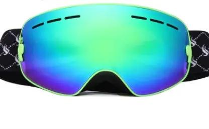 Children's ski goggles neon green frame with blue-green mirrored lenses, FLIPSTYLEZLLC strap on Tampa Home & Garden Store