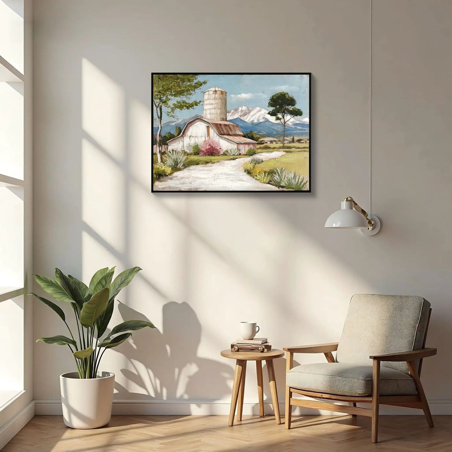 Framed canvas wall art of a barn scene with blue sky and pink wildflowers on Tampa Home & Garden Store