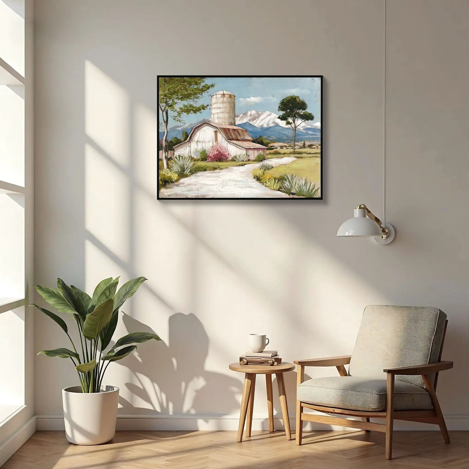 Framed canvas wall art of a barn scene with blue sky and pink wildflowers on Tampa Home & Garden Store