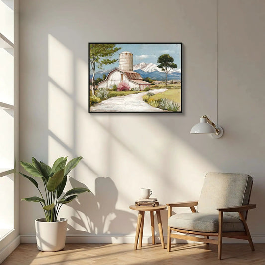 Framed canvas wall art of a barn scene with blue sky and pink wildflowers on Tampa Home & Garden Store