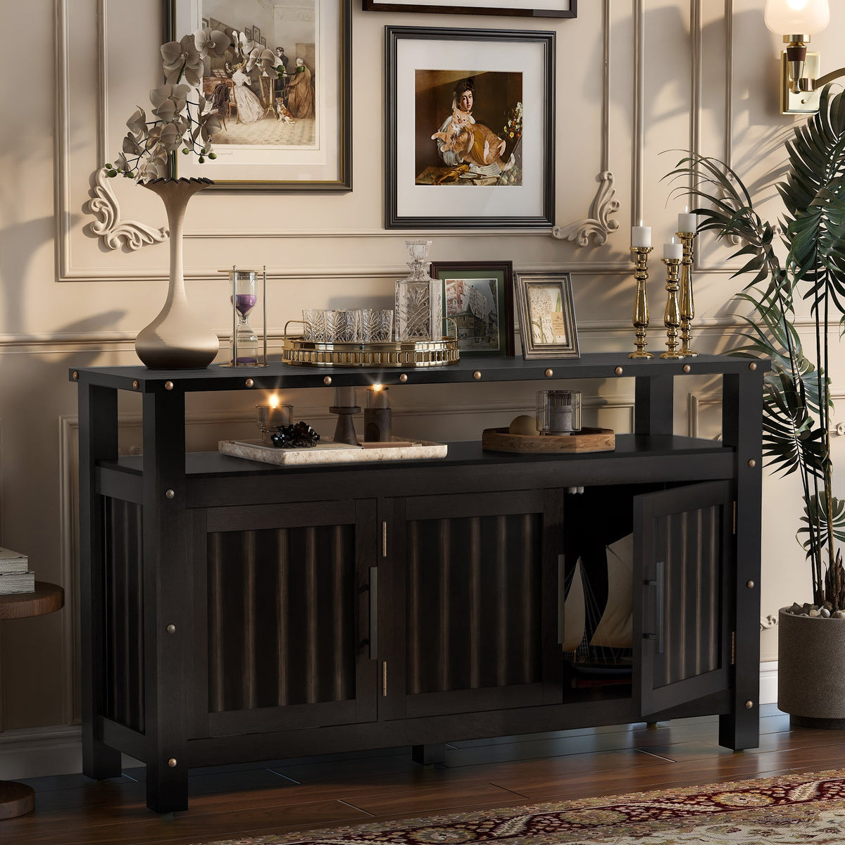Three Door Pine Wood Buffet Cabinet And Storage in dark finish by HouseOfZazla on Tampa Home & Garden Store