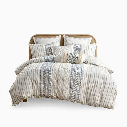 Cotton Printed Duvet Cover Set with Chenille by HouseOfZazla, blue and ivory pattern, full/queen on Tampa Home & Garden Store