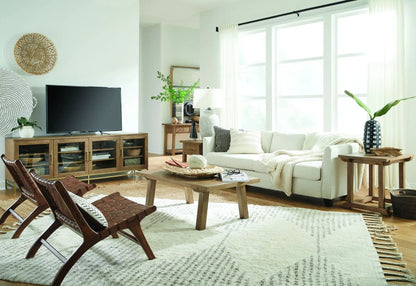 Lindon Console TV stand in wood finish with glass-front cabinets by Unique Piece Furniture on Tampa Home & Garden Store