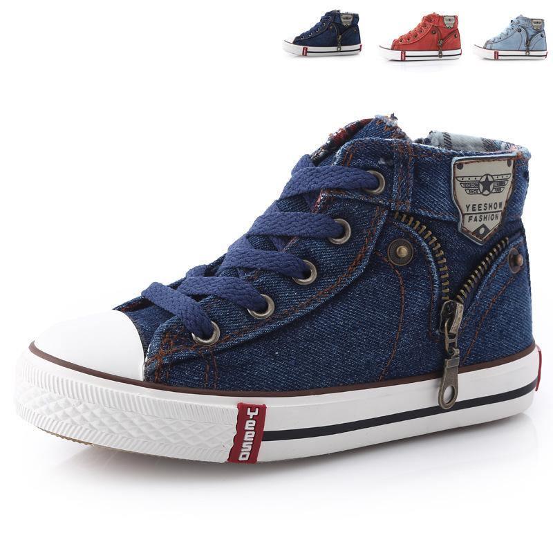 Stevvex denim high-top baby shoe in blue with lace-up and side zipper on Tampa Home & Garden Store