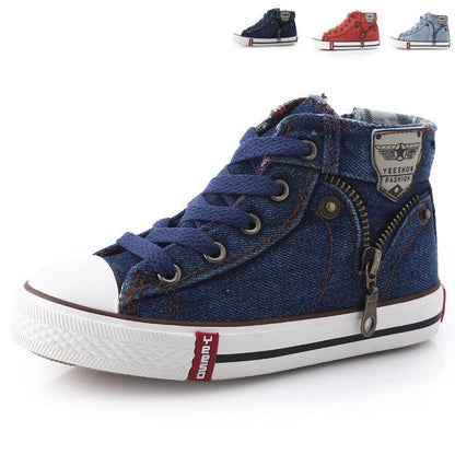 Stevvex denim high-top baby shoe in blue with lace-up and side zipper on Tampa Home & Garden Store