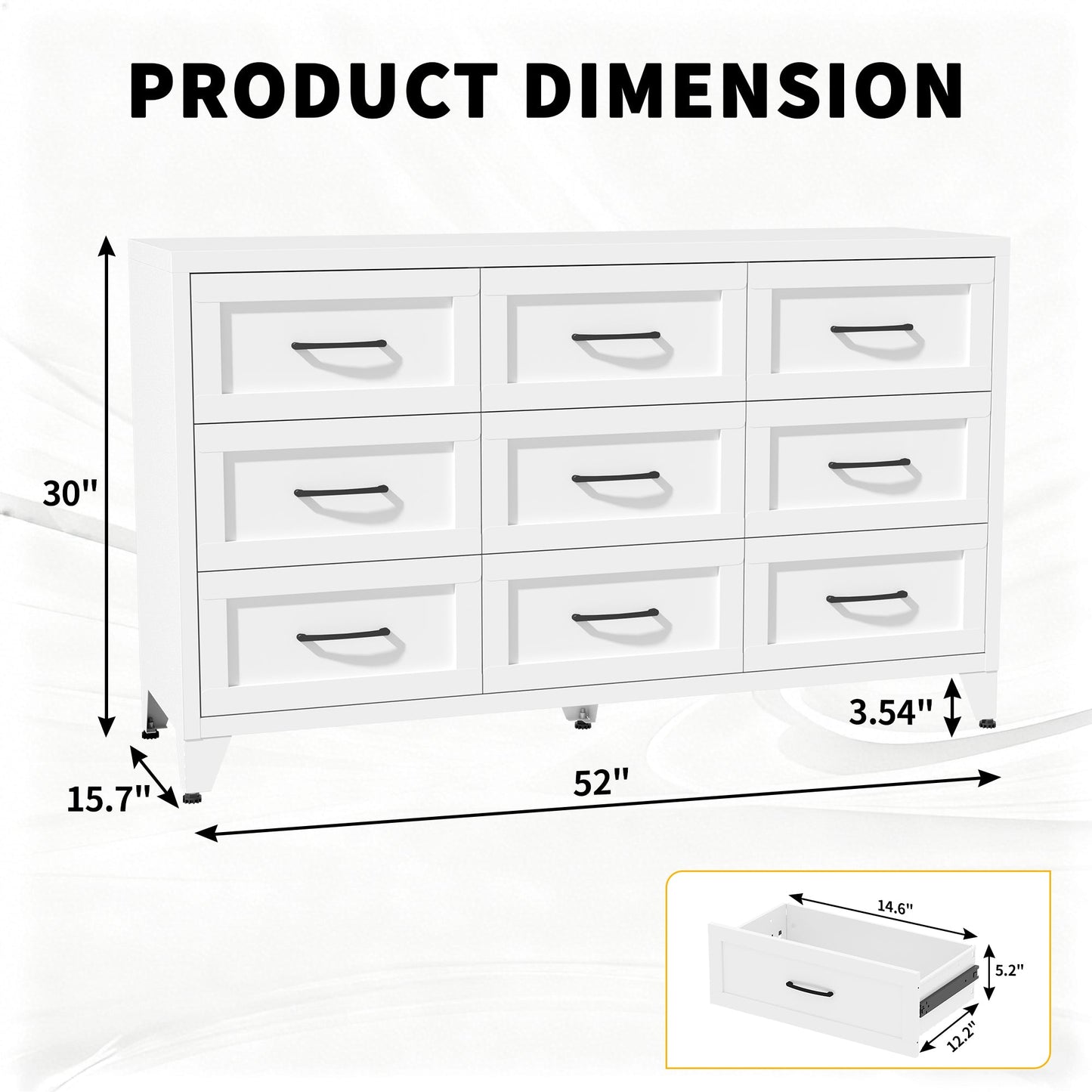 HouseOfZazla 9-drawer white metal dresser with quiet-glide rails, white finish, black pulls, 52in W x 30in H x 15.7in D on Tampa Home & Garden Store