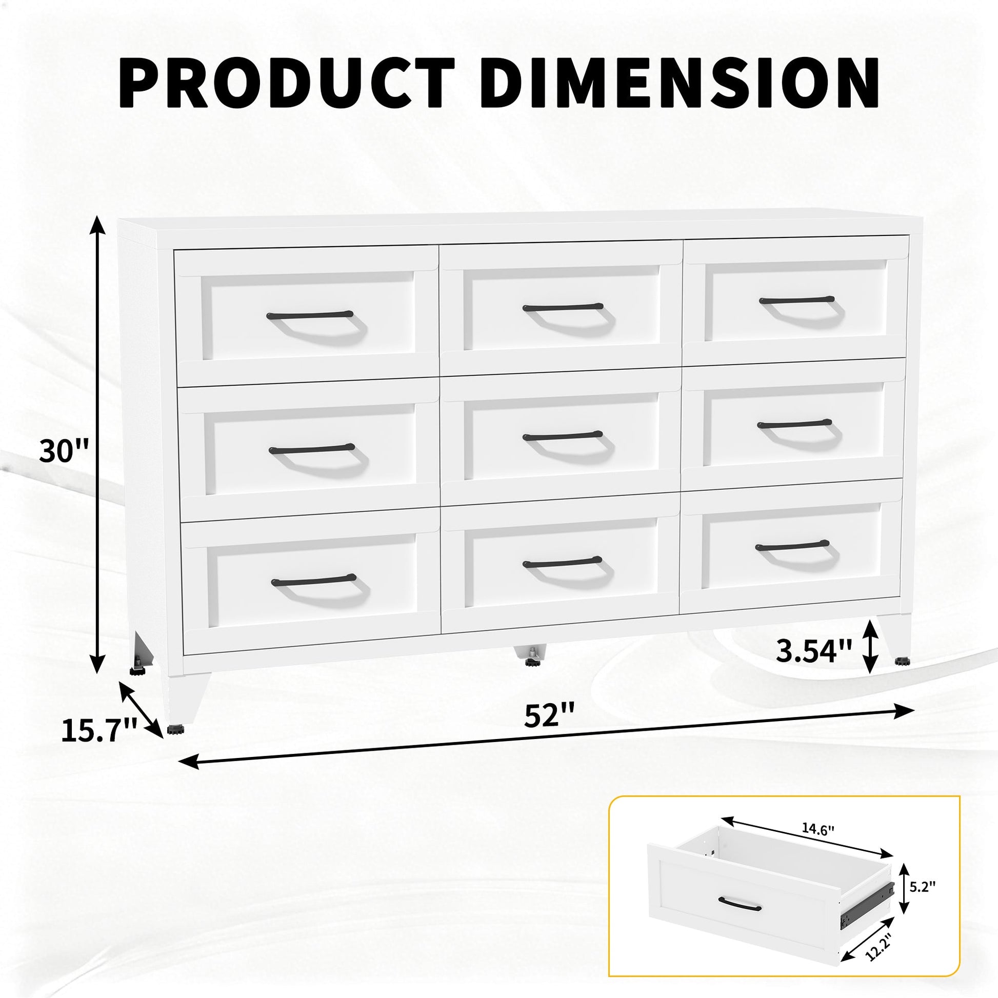 HouseOfZazla 9-drawer white metal dresser with quiet-glide rails, white finish, black pulls, 52in W x 30in H x 15.7in D on Tampa Home & Garden Store