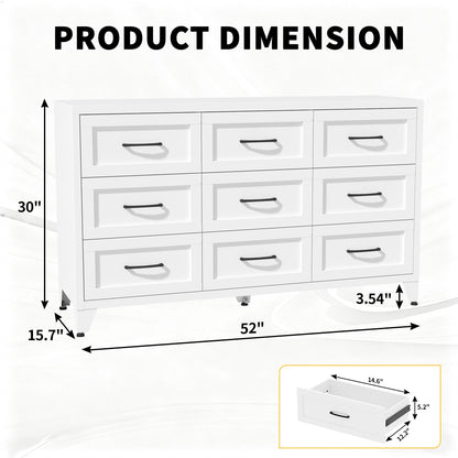 HouseOfZazla 9-drawer white metal dresser with quiet-glide rails, white finish, black pulls, 52in W x 30in H x 15.7in D on Tampa Home & Garden Store