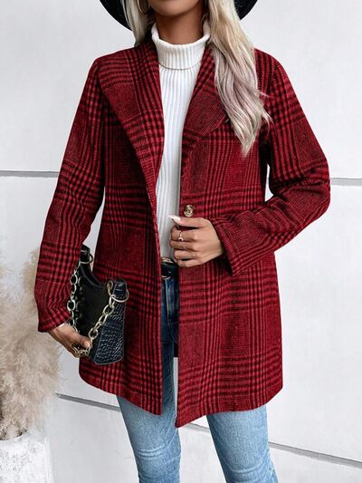 Stevvex women's plaid collared buttoned long sleeve jacket in red check, outerwear on Tampa Home & Garden Store