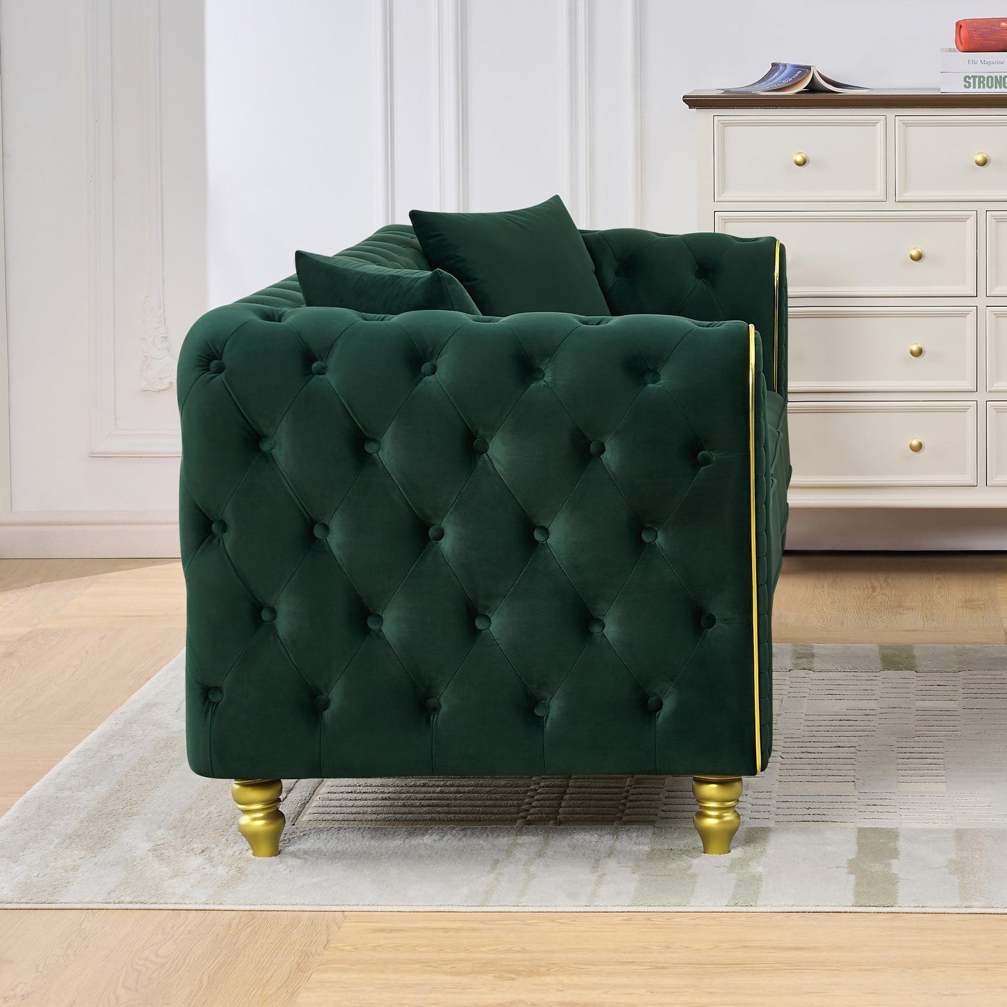 Modern 86 Inch Tufted Velvet And Gold Sofa