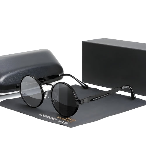Steam Punk Polarized Sunglasses by BikerZoneZ, round black metal frames with dark lenses on Tampa Home & Garden Store