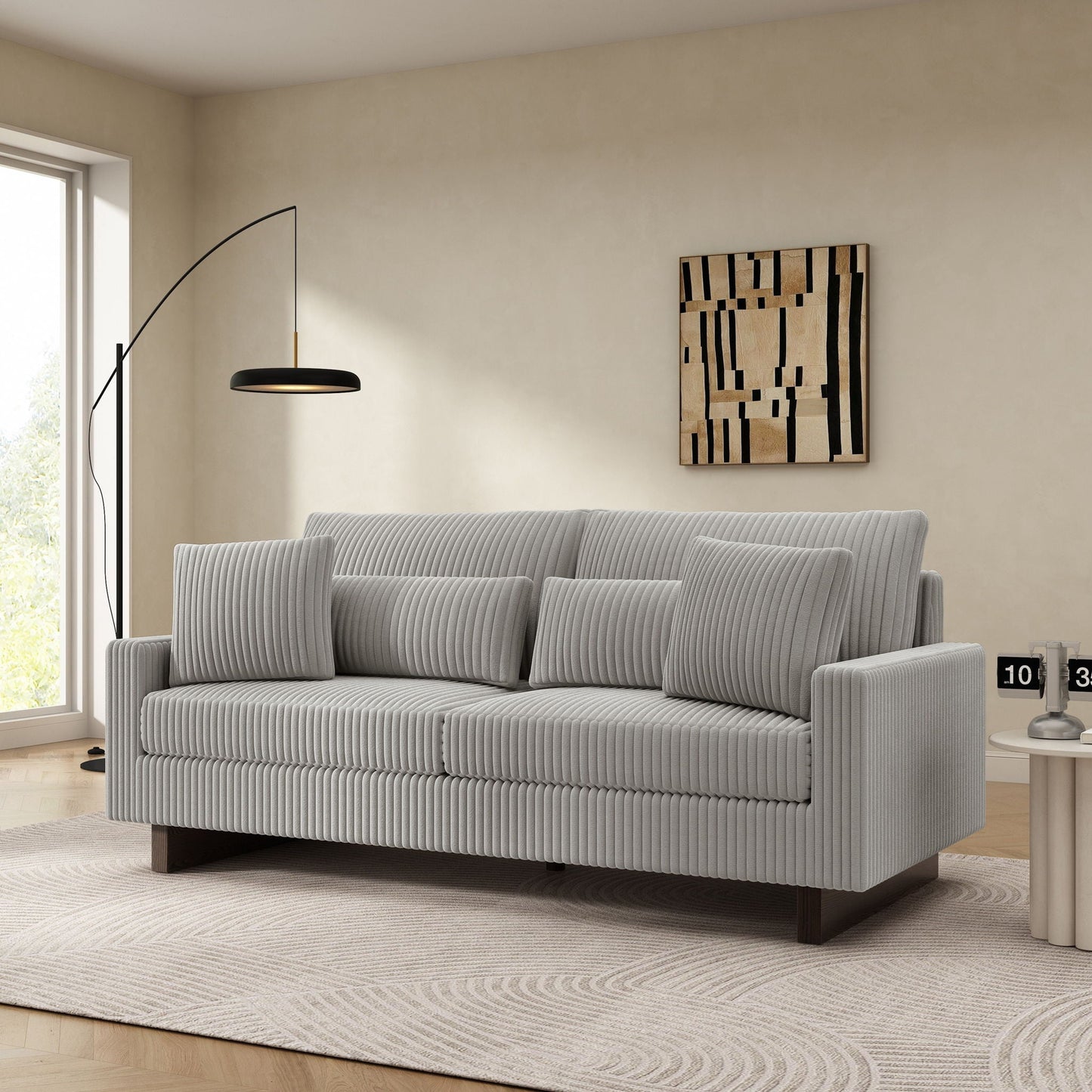 Modern loveseat sofa in light gray ribbed fabric with four pillows by HouseOfZazla on Tampa Home & Garden Store