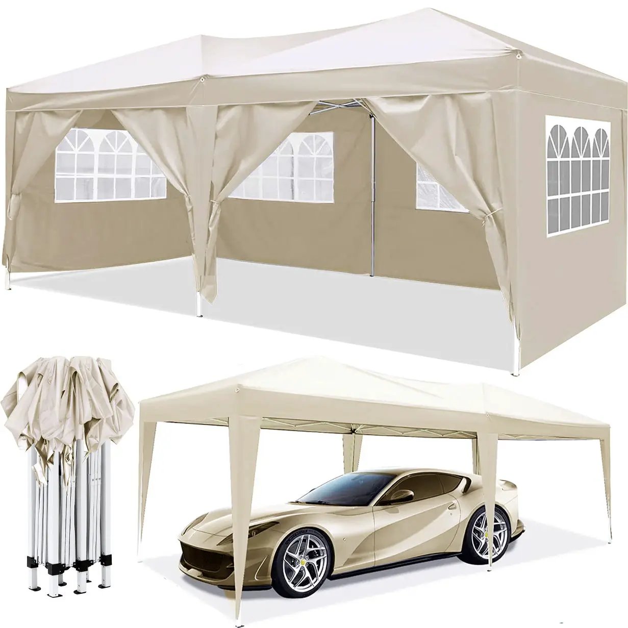 10x20 Ez Pop Up Canopy outdoor party tent beige with 6 removable sidewalls carry bag and weight bags on Tampa Home & Garden Store