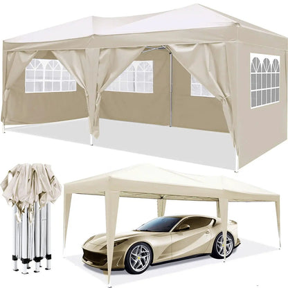 10x20 Ez Pop Up Canopy outdoor party tent beige with 6 removable sidewalls carry bag and weight bags on Tampa Home & Garden Store