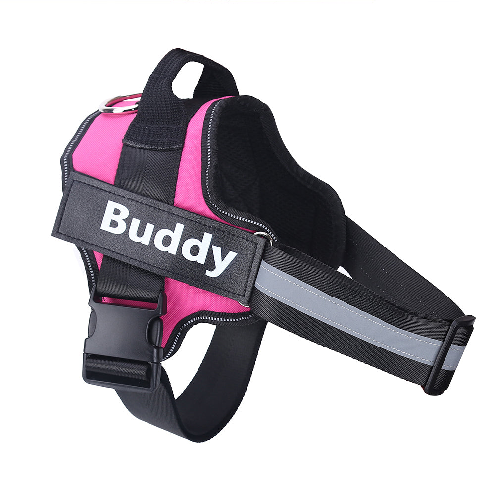 Personalized dog harness pink vest with black adjustable straps and Buddy patch on Tampa Home & Garden Store