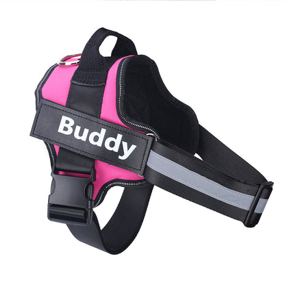 Personalized dog harness pink vest with black adjustable straps and Buddy patch on Tampa Home & Garden Store