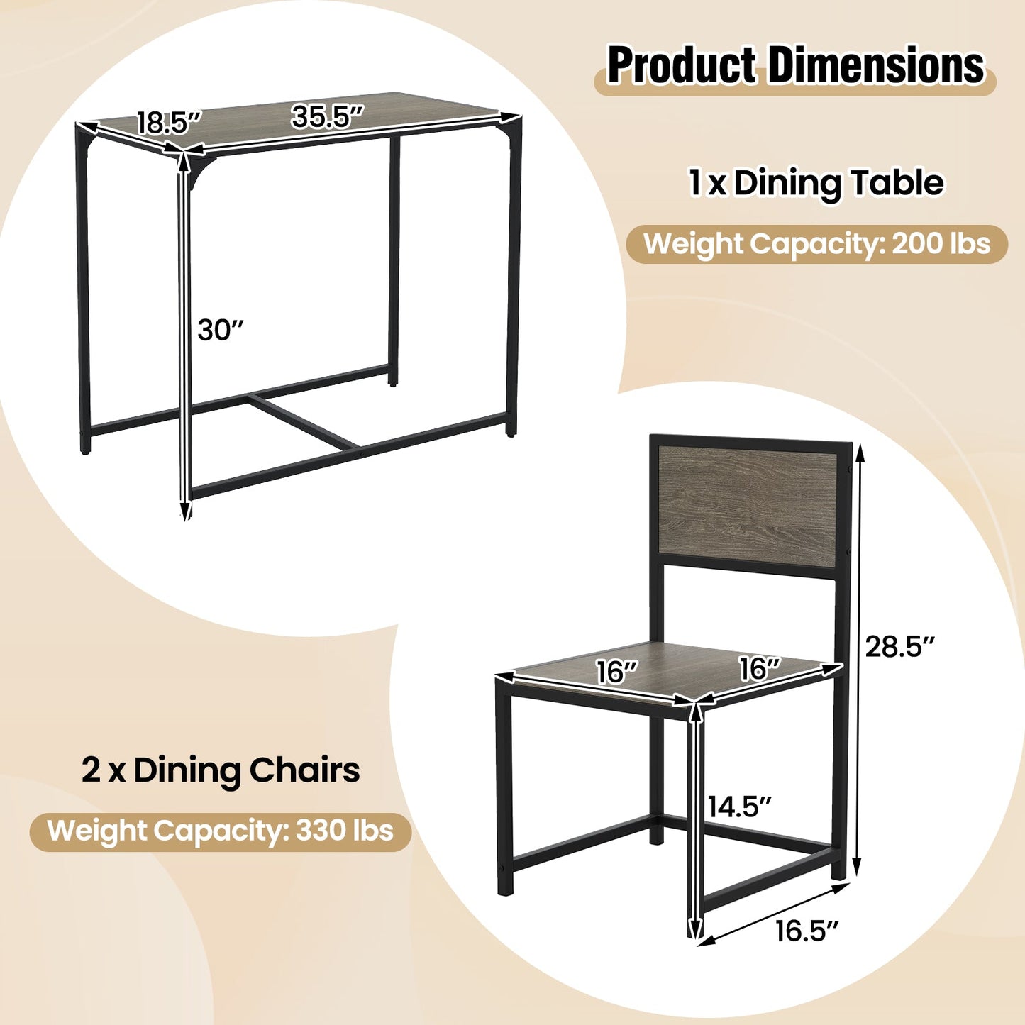 3 Pcs Dining Set Compact Table and 2 Chair with Metal Frame for for Small Space